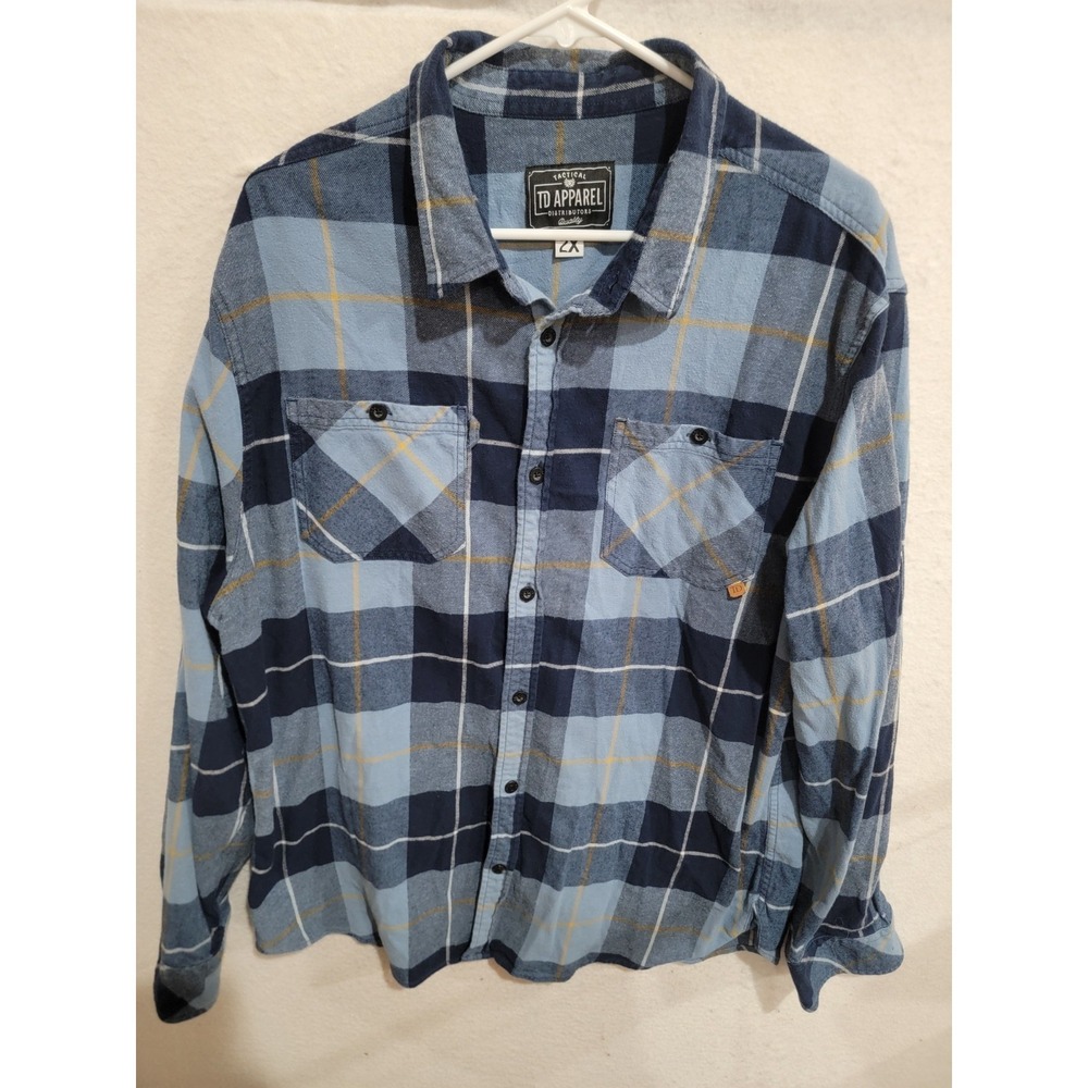 TD Apparel Men's 2X Blue Plaid Flannel Shirt Long Sleeve Cotton Stretch Tactical